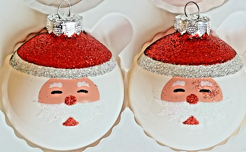 Pair of 2 VTG Rauch White Glass Ball Ornaments w/Santa Face Red Silver Glitter