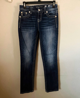 Miss Me Women s Size 25 Straight Jeans Dark Wash Blue Rhinestone Logo Pockets