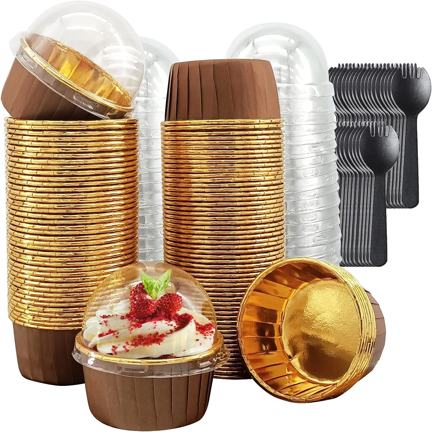 Foil Cupcake Liners with Dome Lids 100 Pack, 5.5 Oz Muffin Cups Muffin Tins,Disp