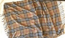 Oversized Plaid Scarf Shawl 29W x72L Tan with Black Red White Plaids Very Soft