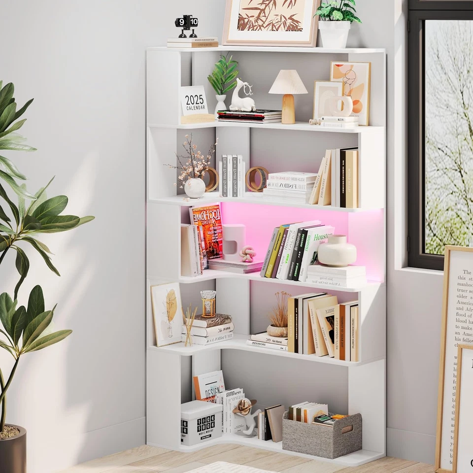 Libreria Angolare Con Barra Luminosa a LED Scaffale a 6 Ripiani 169 Cm Libreria  - Immagine 3 di 4