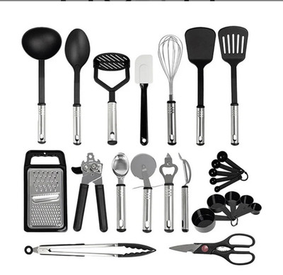 23-teiliges Küchen-Kochutensilien-Set schwarz/silber Edelstahlgriffe Schöpfkelle