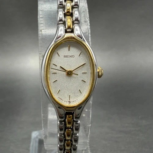 Seiko Watch Women 15mm Silver Dial Two Tone Oval 1F21-5A00 New Battery Vintage