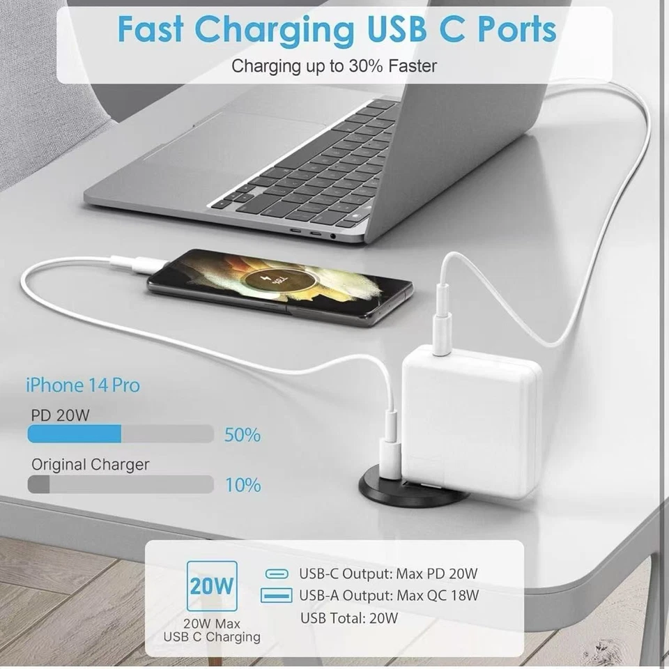 Desktop 2-inch Hole Grommet Flush Mount Power Outlet Charging Station 20W USB-C - Image 4 of 4