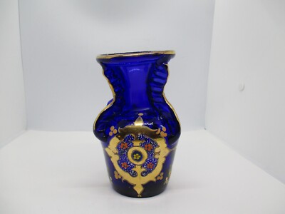 Antique Hand Blown Bohemian Cobalt Blue Glass Raised Enamel Roses Gold-Gilt Vase