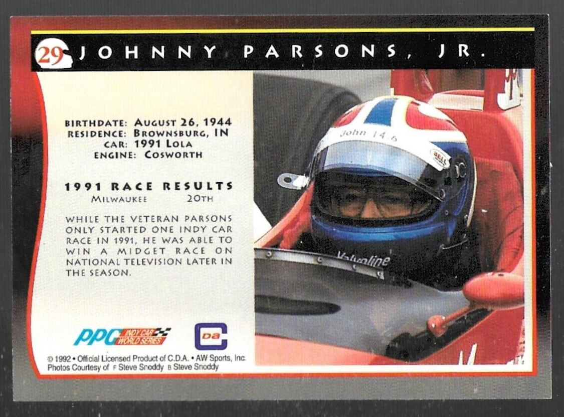 Johnny Parsons Jr. signed 1992 PPG card #29 INDY GREAT - 3
