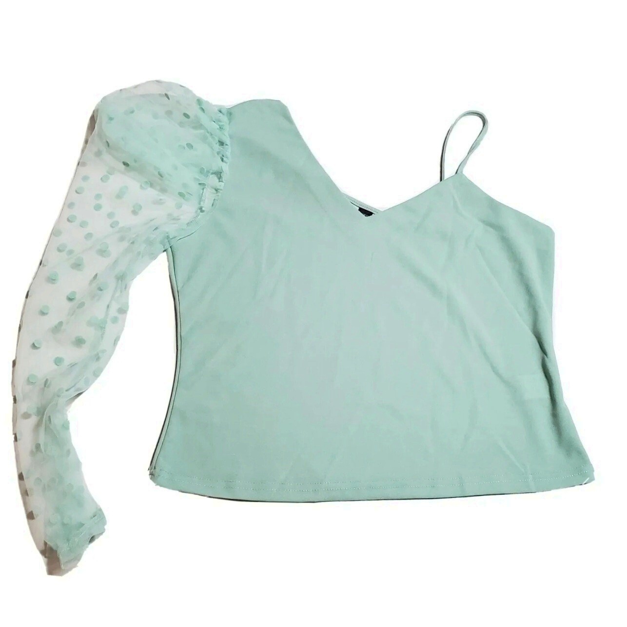 One Shoulder Polka Dot Mesh Sleeve top Womens XL Mint Green image 2