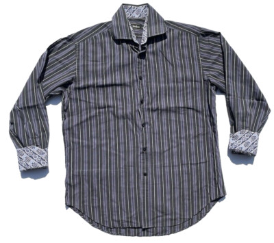 Vintage Neiman Marcus Flip Cuff Button Up Dress Shirt Mens Size L Purple Striped