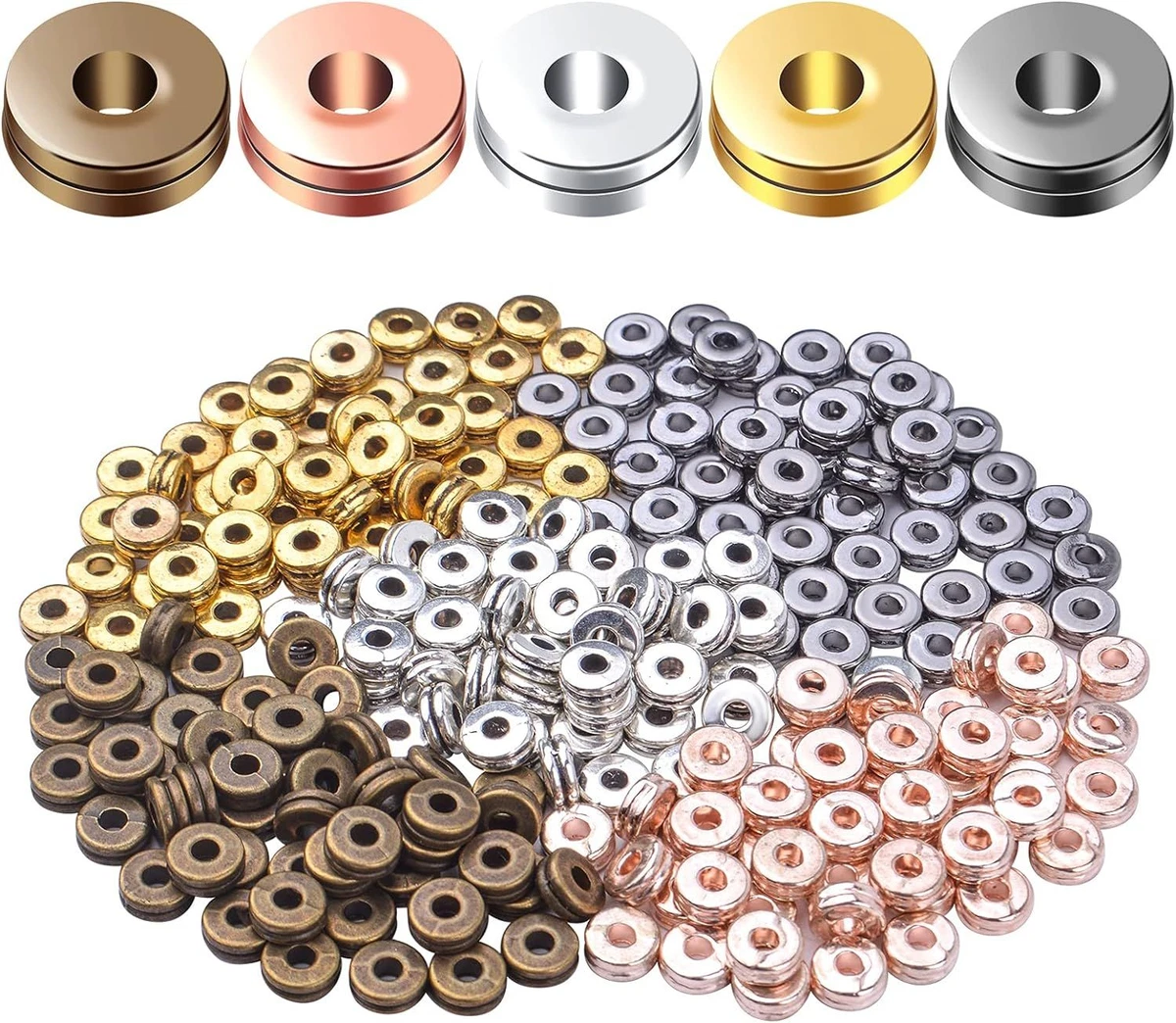 Metal Spacer Beads, 250pcs Double 6mm Flat Round Disc Rondelle Beads Charm Alloy Loose Beads Findings for Bracelet Necklace Jewelry Making, 5 Colors