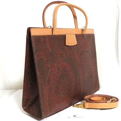 For Repair Auth ETRO Paisley Hand bag purse Bordeaux PVC Leather Shoulder strap