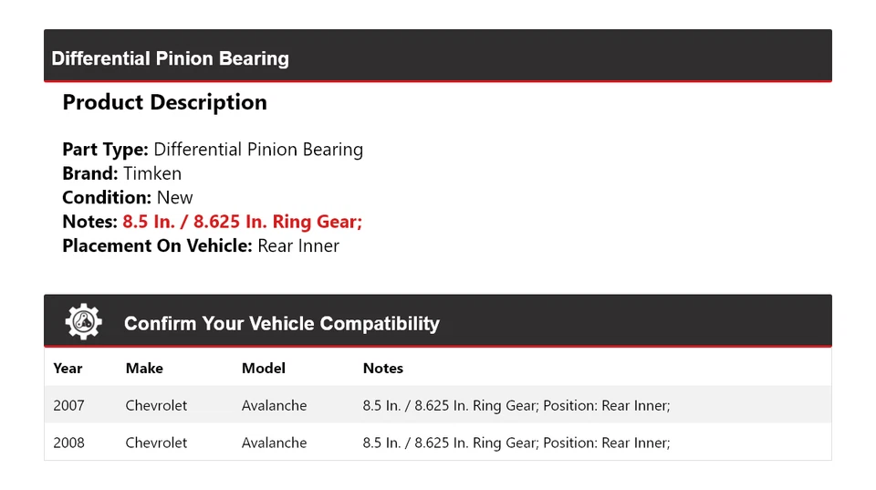 适用于 2007 - 2008 雪佛兰 Avalanche 差速小齿轮轴承后内铁姆肯公司 — 第 2/4 张图片