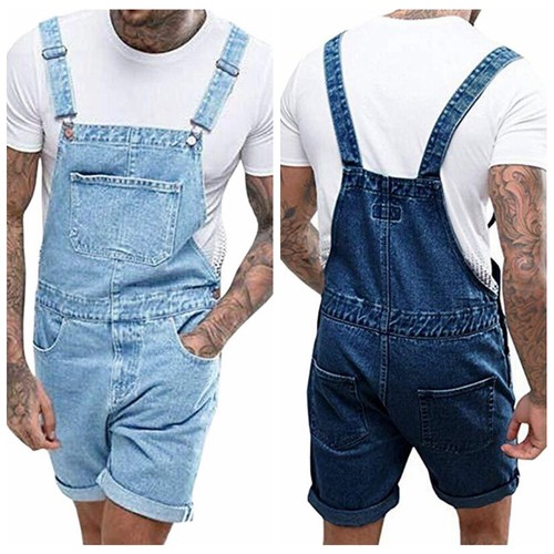 Men Denim Bib Overall Shorts Above Knee Length Rompers Walk Relaxed Fit