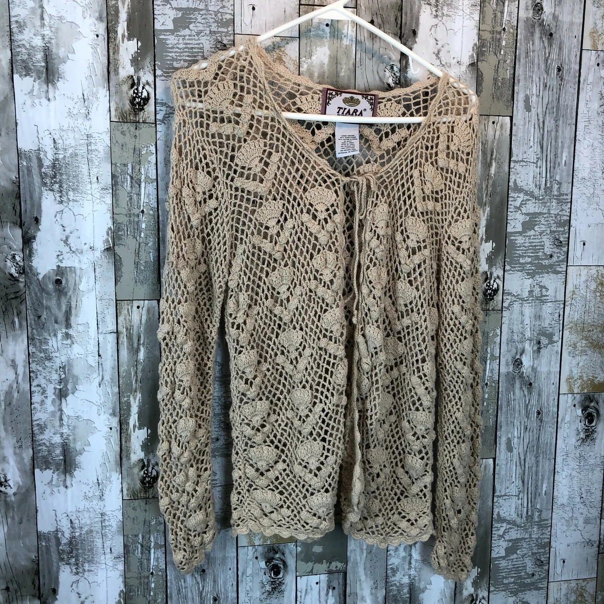 TIARA WOMENS TAN OPEN STITCH LOOSE KNIT SUMMER CARDIGAN LARGE eBay