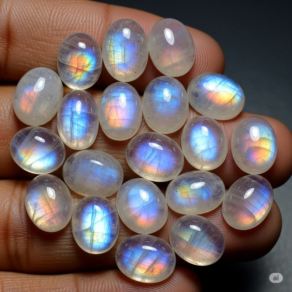 Natural Rainbow Moonstone Oval Cabochon Loose Gemstone Lot 3X5MM - Image 4 of 4