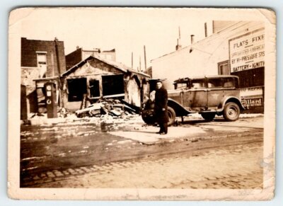 Vtg Photo Destroyed Shell Gas Station Pumps Antique Cars Signs ...