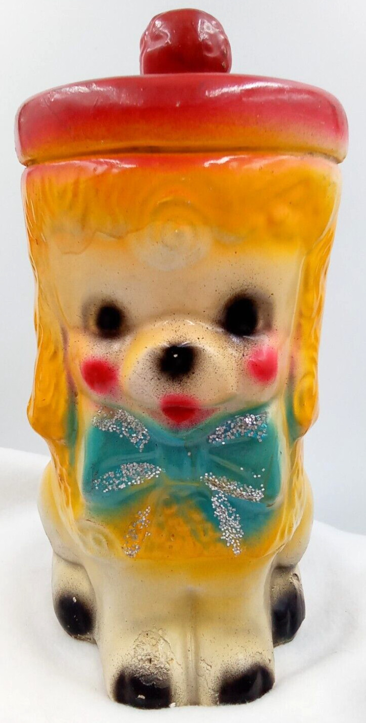 Poodle Chalkware Piggy Bank Dog Blue Sparkly Bow Carnival Prize 1940s Vintage