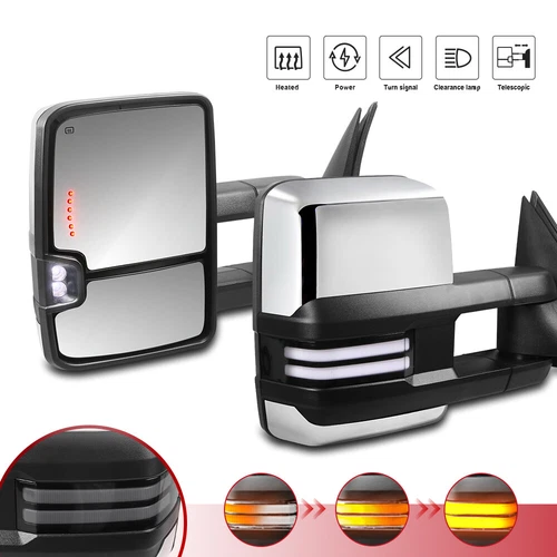 Pair Chrome Power Heated Tow Mirrors For 2014-2018 Chevy Silverado GMC Sierra