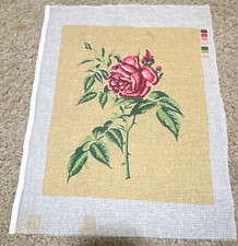 Needlepoint Canvas Hand Painted Pink Rose Floral on Beige 10ct Mono Rectangle