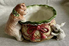Fitz & Floyd BEAR & BUNNY RABBIT Winter Holiday Christmas Tidbit Candy Dish