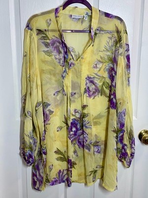 Susan Graver Tunic Top Womens 2X Yellow Fairy Sheer Floral Boho Peasant Lace