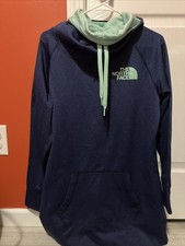 New Women  s NORTH FACE Navy Blue/Aqua Pullover Hoodie Cowl Neck Sz L