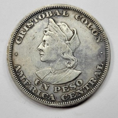 1893 El Salvador 1 Peso Large Size Crown Coin Columbus Circulated *V283