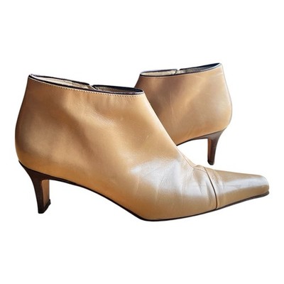 Italian Leather Ankle Boot Camel Tan Pointed Square Toe Wood Kitten Heel 8M
