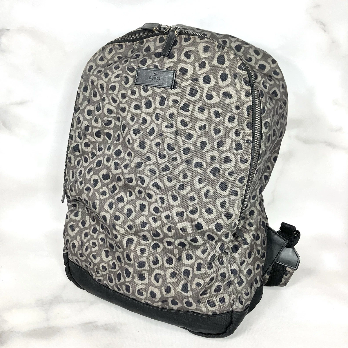 Gucci Gray Leopard Print Backpack Authentic GUCCI Large Jumbo GG $3980 Grey And Black Leather Backpack  main image 4
