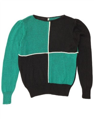 Vintage Damen Pullover Pulli U-Boot-Ausschnitt UK 14 Medium grün Colourblock AW13