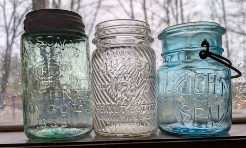 Collection Of 3 Antique Jars Masons Patent 1858 And Embossed Peanut Butter 