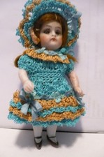 TINY  FRENCH DRESS + HAT for 4" ANTIQUE MIGNONETTE KESTNER ALL BISQUE DOLL