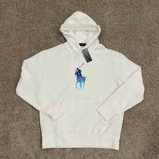 Polo Ralph Lauren Hoodie Men Medium White Blue Big Pony Logo Classics Fleece NEW