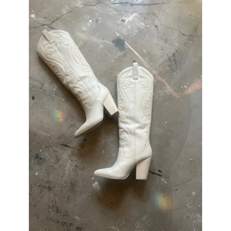 White Heeled Boots, Steve Madden Knee High Western, Cream, off White - Image 2 of 4