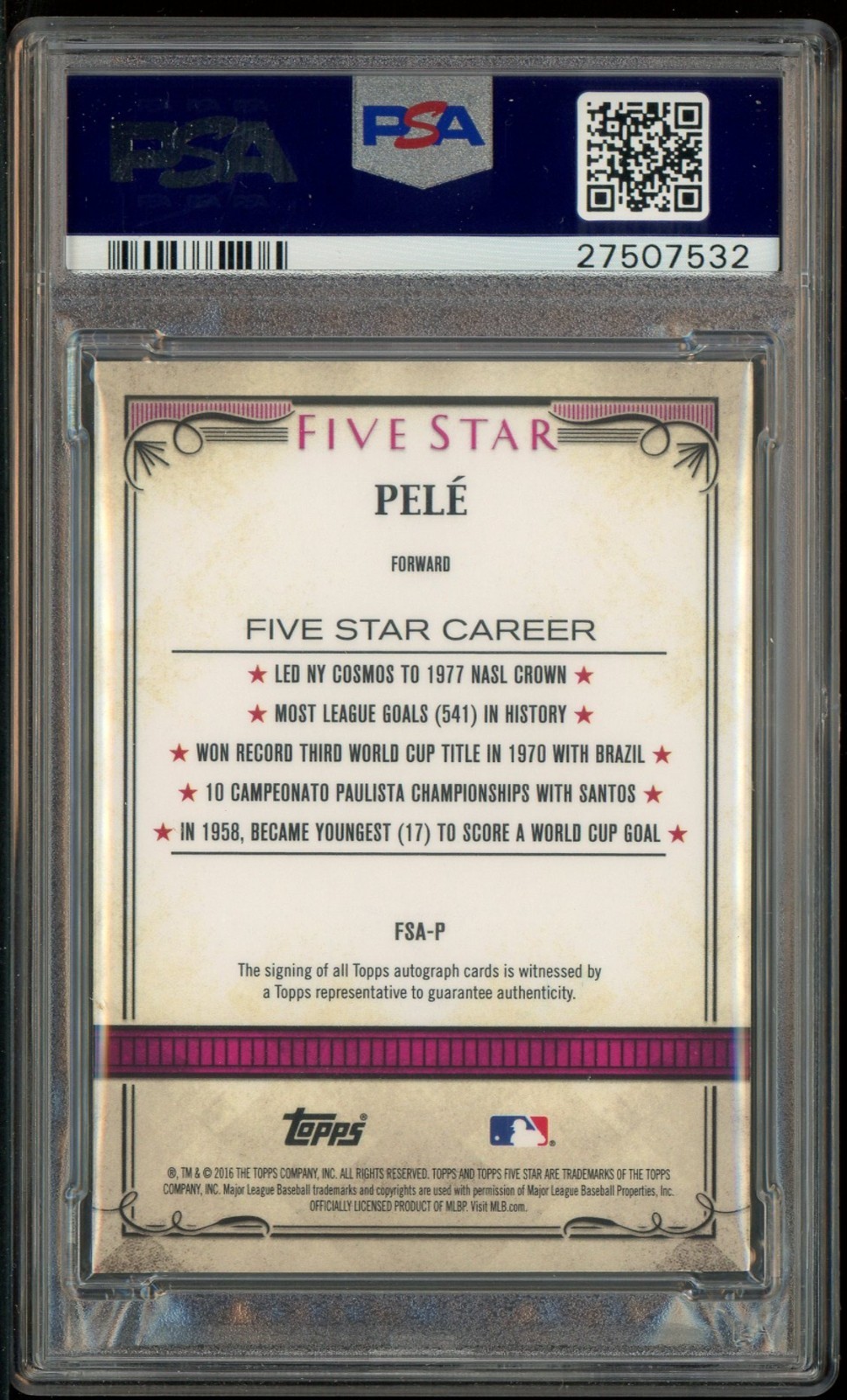 2016 Topps Five Star Soccer Gold Pele AUTO 9/50 PSA 8 NM-MT view 2