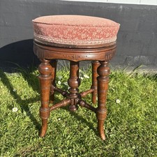 Antique Adjustable Height Circular Piano Stool Ornate Carves Spindle Legs
