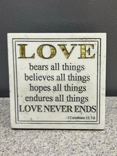 House Parts Inc Plaque “Love Bears All” White Marble 5” Sq Easel Back Hanging