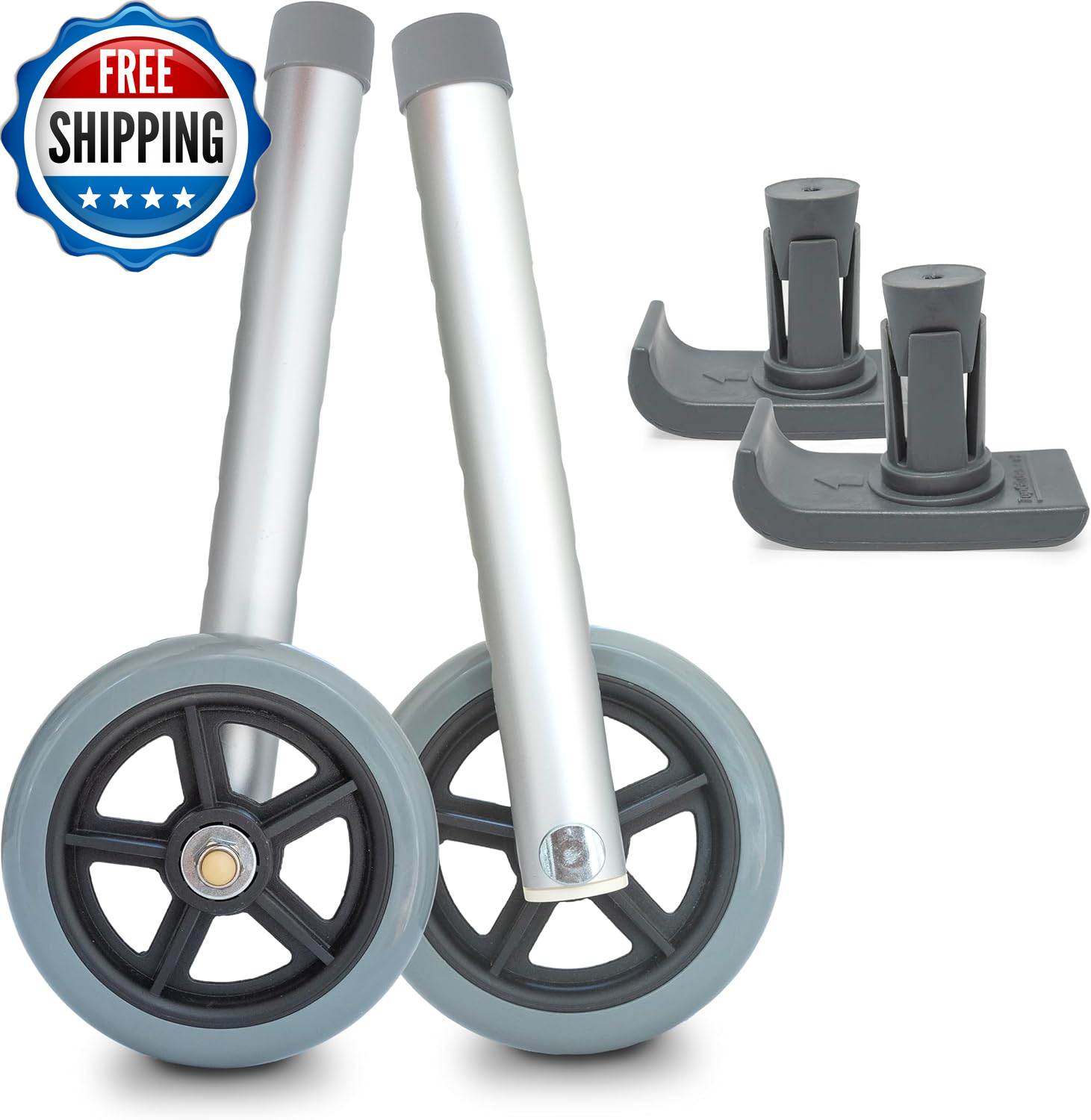Universal Walker Wheel Kit with 5-Inch Sport Wheels and Flexfit Ski Glides in Gray
