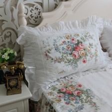 Victorian White Roses Garden Ruffles Cotton Matching Pillow Case Standard Size