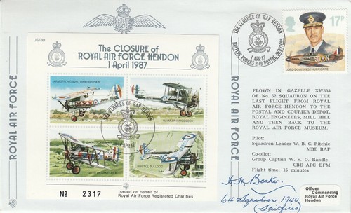 JSF10a Closure of RAF Hendon Signed P H Beake 64 Sqn Battle of Britain pilot