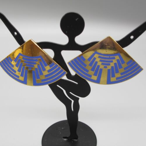 Vintage Laurel Burch Earrings Blue Enamel Gold Tone Rounded Triangles 1.5"