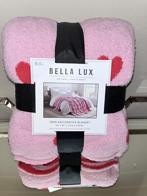 1-NWT BELLA LUX FEATHER KNIT PINK HEARTS KNIT TWIN SIZE BLANKET