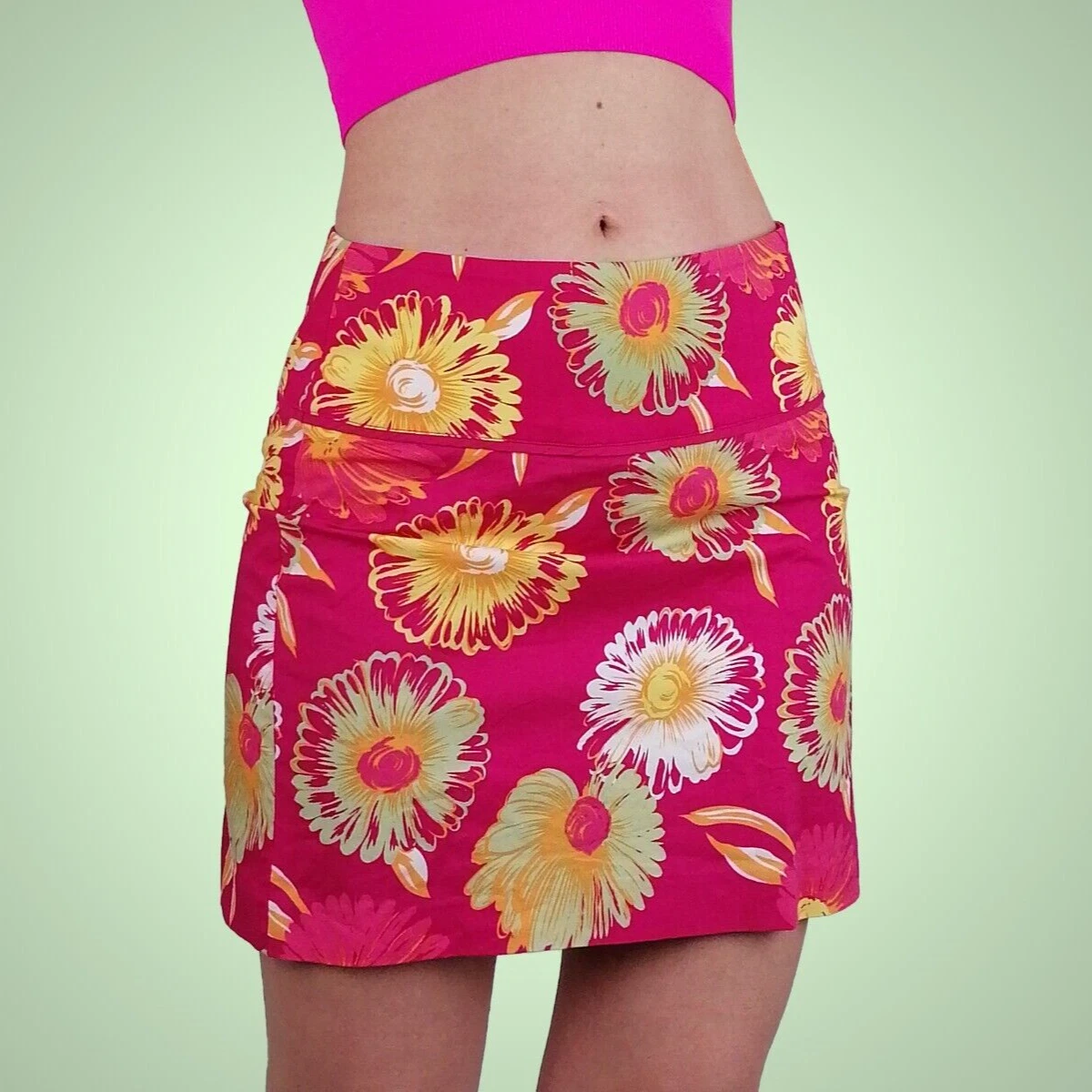 H&M Pink Mini Skirt Floral Print Cotton Barbiecore Summer Skirt Hawaii - size S
