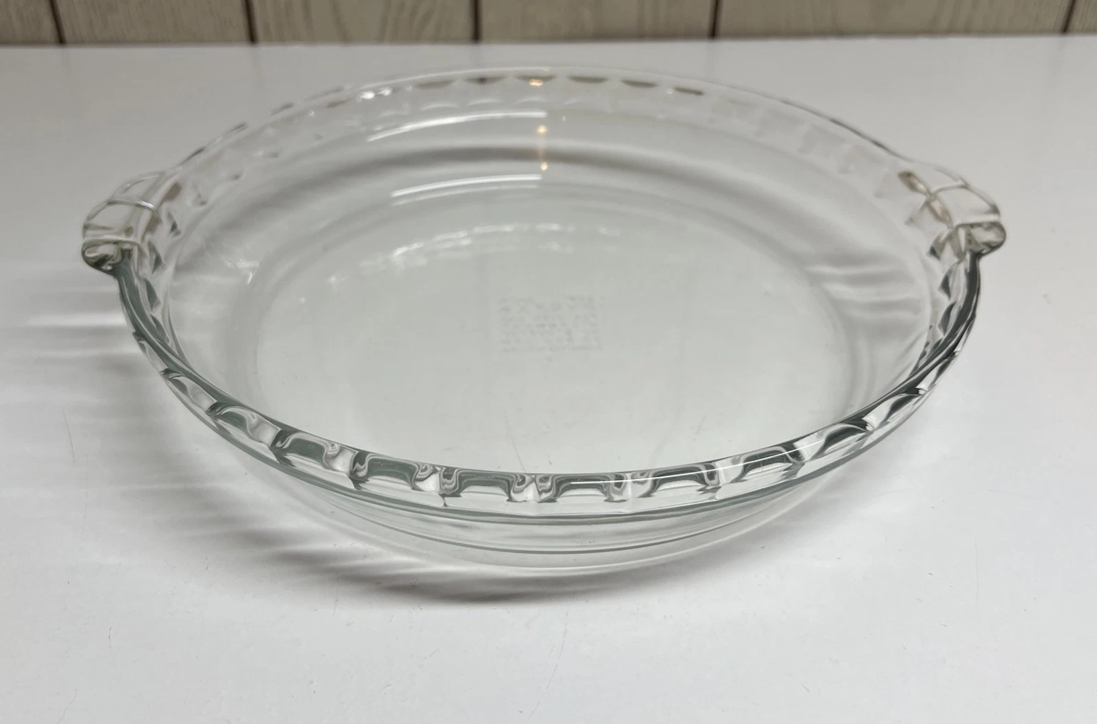 VINTAGE "PYREX" 229 24cm CLEAR PIE PAN MADE IN USA W/CRIMPLED EDGES & HANDLES