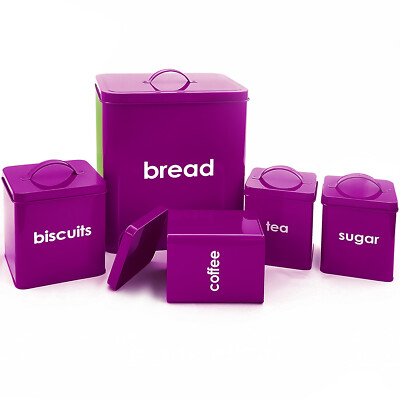 5 Stück Lila Metall Brotkasten Aufbewahrung Kanister Set Kaffee Tee Zucker Kekse Brot