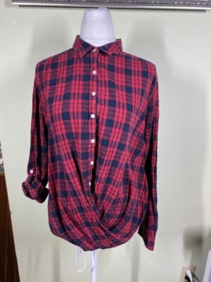 Anthropologie Isabella Sinclair Sz L Red Plaid Twist Front Roll Tab Sleeve Top