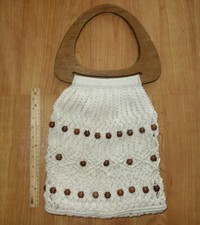 Vintage 70s Cream Beige Macrame Crochet Lined Purse Handbag Wood Handles Boho