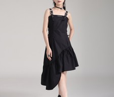 Women Drawstring Waist Irregular High Low Ruffle Slip Short Dress Black High