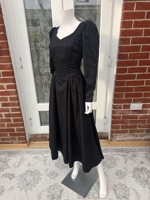Vintage Laura Ashley schwarz Knopfleiste Prinzessin Blumen Damast Langarm Kleid