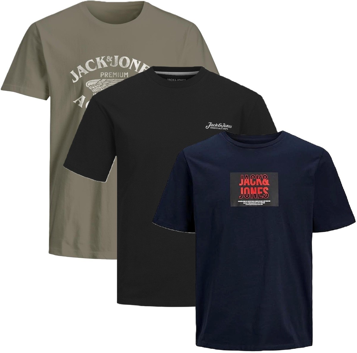 JACK & JONES Herren T-Shirt 3er Pack – Print Mix, Rundhals, Regular Fit, 100% Baumwolle