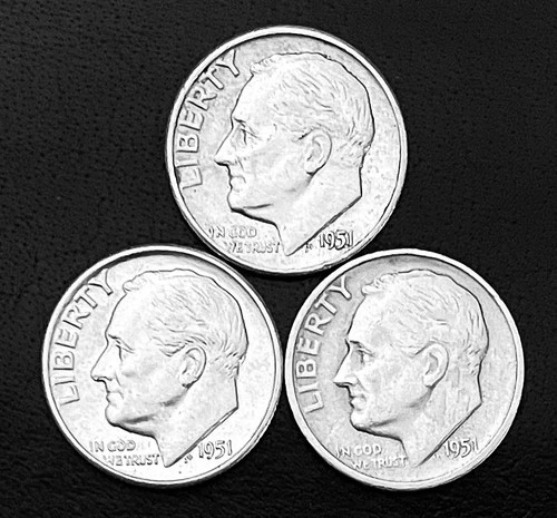 1951  P-D-S 10c SILVER Roosevelt Dimes.  Year Set,  XF/AU/VF  (R191)